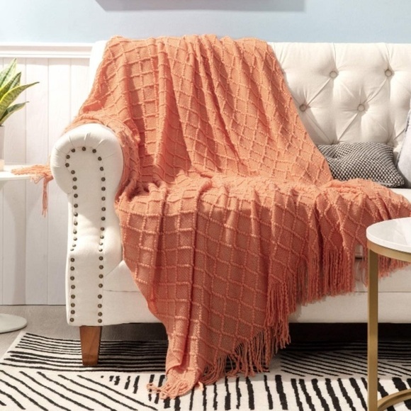 Urban Outfitters Other - Orange/Coral Bohemian Tassel Knit Throw Cozy Fringe Patterned Farmhouse Blanket